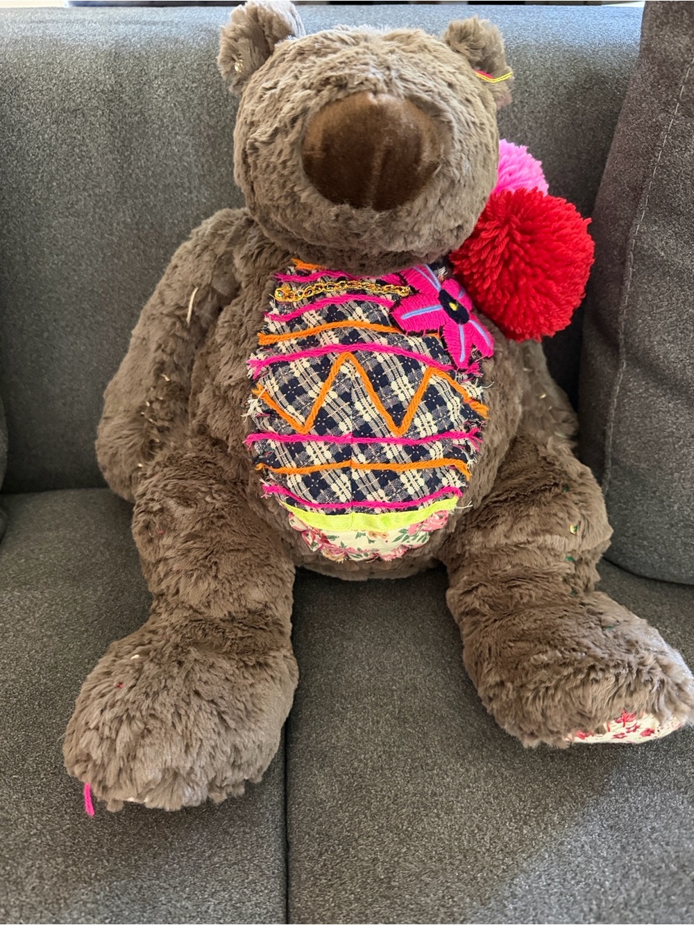 Anthropologie Brown Plush Bear with Colorful Embroidered Belly